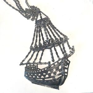 Edited! Reread—Huge Vintage Silver Pirate Ship Pendant Necklace